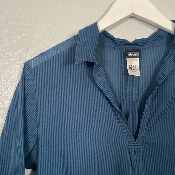 Patagonia Women L Blue Stripe Amaia Tunic Blouse Long Sleeve Lightweight V Neck - Picture 4 of 8